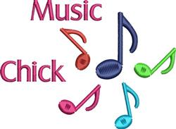 Playful musical notes in vibrant colors with 'Music' and 'Chick' text, perfect for children's themes.