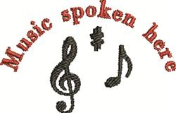 Playful musical notes design with a clef and sharp note, featuring 'Music spoken here' in vibrant red.
