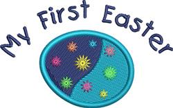 Playful 'My First Easter' text above a colorful circular patch with starburst designs, perfect for festive celebrations.