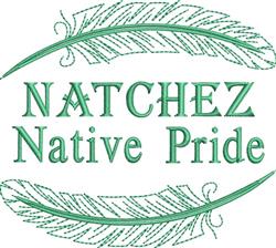 Bold green text 'NATCHEZ Native Pride' surrounded by decorative feathers, modern and vibrant design.