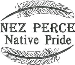 Elegant text 'NEZ PERCE' with 'Native Pride' framed by decorative feathers on a light background.