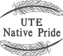 Cultural feather design featuring 'UTE Native Pride' text in bold style, elegantly framed with detailed feathers.