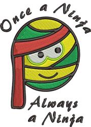 Cartoonish ninja face with playful expression, green and yellow colors, red headband, and bold black text.