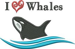 Playful orca whale in black with vibrant blue waves below, featuring 'I ♥ Whales' text design.