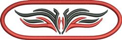 Ornamental design in modern abstract style features detailed red and black flowing lines within an oval frame.