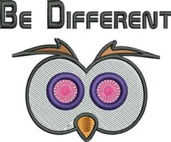 Playful owl face with vibrant pink and purple colors, large eyes, and 'Be Different' text stitched above.
