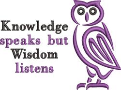 Whimsical owl illustration in vibrant purple with expressive eyes and detailed feathers. Text: 'Knowledge speaks but Wisdom l