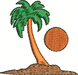 Vibrant palm tree with green fronds and an orange trunk, paired with a cheerful sun on brown ground, perfect for summer.