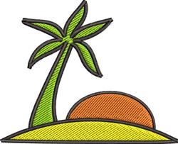 Playful palm tree applique with vibrant green leaves, orange sun, and yellow sand, perfect for summer.