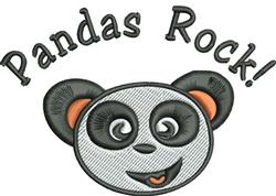 Cheerful panda face with large eyes and black and white markings, 'Pandas Rock!' text in playful font.