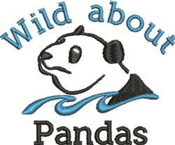 Playful panda face in profile with soft blue waves, and 'Wild about Pandas' text above, perfect for kids.
