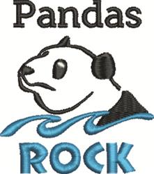 Playful panda head in black and white with bright blue 'Pandas ROCK' text and flowing blue waves.