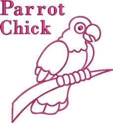 Playful parrot chick perched on a branch, outlined in vibrant pink with bold text 'Parrot Chick' beside it.