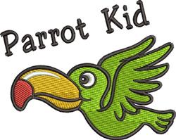 Playful cartoon parrot with vibrant green feathers, colorful beak, and bold 'Parrot Kid' text for kids' projects.