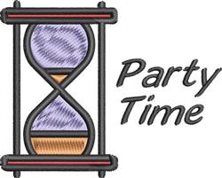 Playful hourglass design with vibrant purple and orange sand, featuring 'Party Time' text in bold font.