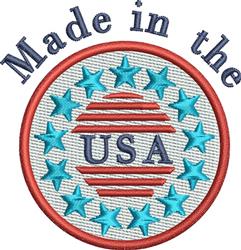 Applique circular patch with 'Made in the USA', red stripes, blue stars, and a white background for Independence Day.