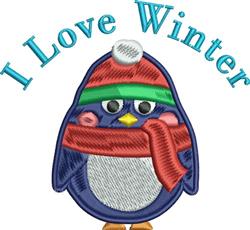 Playful penguin wearing a red scarf and green winter hat, surrounded by 'I Love Winter' text. Winter theme.
