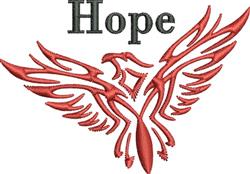 Bold phoenix in vibrant red with wings spread wide, featuring 'Hope' in strong black above. Ideal for dynamic embroidery.