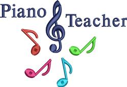 Colorful musical notes and a treble clef with 'Piano Teacher' text in dark blue, playful and inviting design.