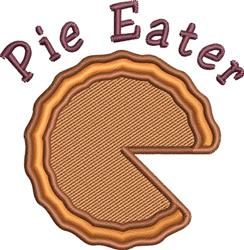 Whimsical pie design with slice cut out, 'Pie Eater' text above, warm colors, perfect for kitchen towels.