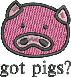 Playful pig face in light pink with darker pink ears and snout, featuring 'got pigs?' text below.