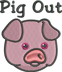 Playful pig head with bold black outlines, large eyes, and 'Pig Out' text in pink hues. Ideal for kids.