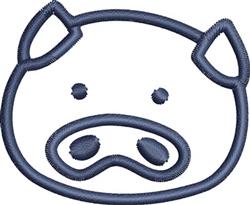 Cartoonish pig head in navy blue outline, featuring simple lines and a friendly expression, perfect for kitchen towels.