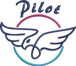 Aviation-inspired text 'Pilot' with stylish wings in a pink and blue circular outline, suitable for embroidery.
