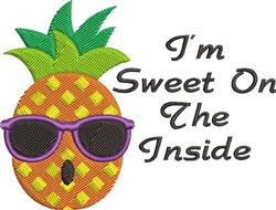 Playful pineapple with purple sunglasses and palm leaves, showcasing summer vibes, featuring 'I'm Sweet On The Inside' text.