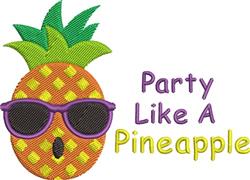 Cheerful pineapple with purple sunglasses and bold green leaves, featuring 'Party Like A Pineapple' text. Summer vibes.