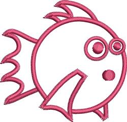 Playful fish design with a circular body in vibrant pink, large eyes, and whimsical fins.