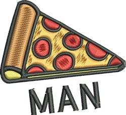 Playful pizza slice with yellow cheese and red pepperoni, featuring the text 'MAN' in bold black below.