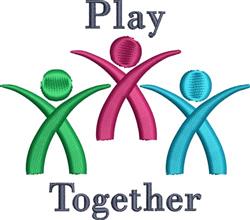 Playful abstract figures in green, pink, and blue with curved lines, featuring 'Play Together' text in navy.