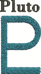 Text 'Pluto' with bold teal letter 'P', modern playful font, suitable for casual embroidery.