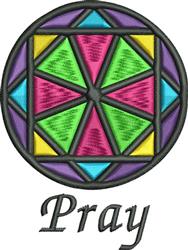 Circular graphic design with the word 'Pray' in bold font, featuring vibrant geometric shapes in green, purple, pink, and yel