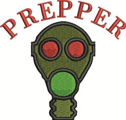 Stylized gas mask in green with red details and circular indicators beneath bold red 'PREPPER' text.