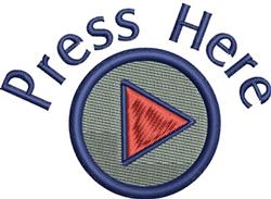 Modern play button design featuring 'Press Here' text in bold blue over a circular button with a red triangle.