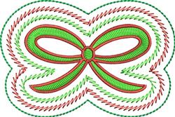 Festive ribbon bow in vibrant green with red accents, featuring a swirling border, perfect for holiday decorations.