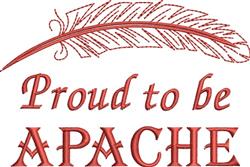 Text with feather design featuring a red feather, 'Proud to be' phrase above bold 'APACHE', simple elegance.