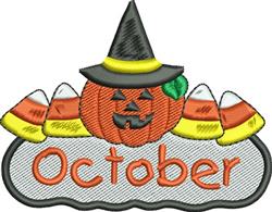 Playful pumpkin in a witch hat with candy corn and 'October' text, perfect for Halloween decor.