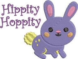 Playful purple bunny with a yellow fluffy tail, cheerful expression, and 'Hippity Hoppity' text for Easter.