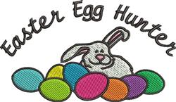 Playful rabbit resting on colorful Easter eggs with 'Easter Egg Hunter' text above, ideal for festive decor.