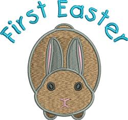 Playful rabbit design with pink ears, bright blue text 'First Easter', perfect for festive embroidery.