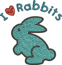 Playful rabbit in light blue next to a red heart and text 'I love Rabbits', cheerful and colorful design.