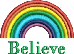 Colorful rainbow arching over the word 'Believe' in bold green, creating an uplifting and cheerful vibe.