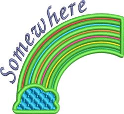 Playful rainbow arch with colorful stripes, light blue cloud, and whimsical text 'Somewhere' for machine embroidery.