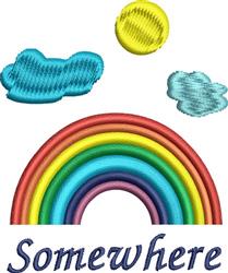 Colorful rainbow with bright arcs, fluffy blue clouds, and a yellow sun, featuring playful 'Somewhere' text.