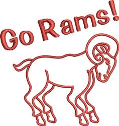 Stylized ram with curled horns and 'Go Rams!' text in bold script, in a cheerful red outline.