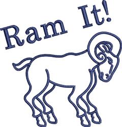 Playful cartoon ram in mid-leap with dark blue outline, featuring curved horns and 'Ram It!' text above.