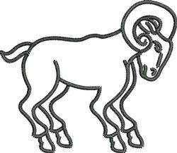 Minimalist ram outline in black line art featuring curved horns and legs, perfect for embroidery projects.